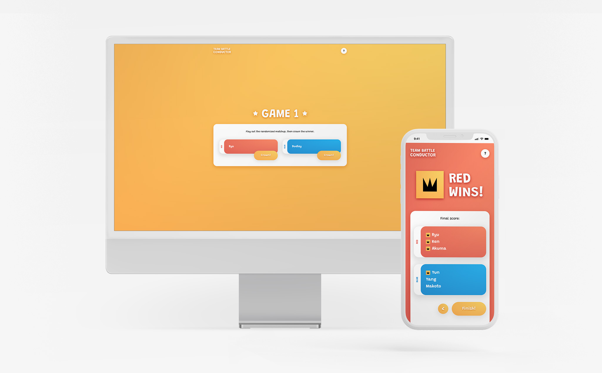 Team Battle Conductor website shown on desktop and mobile screens.