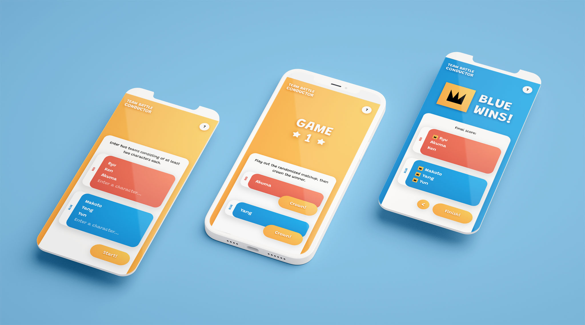 Three different views of Team Battle Conductor website on mobile devices.